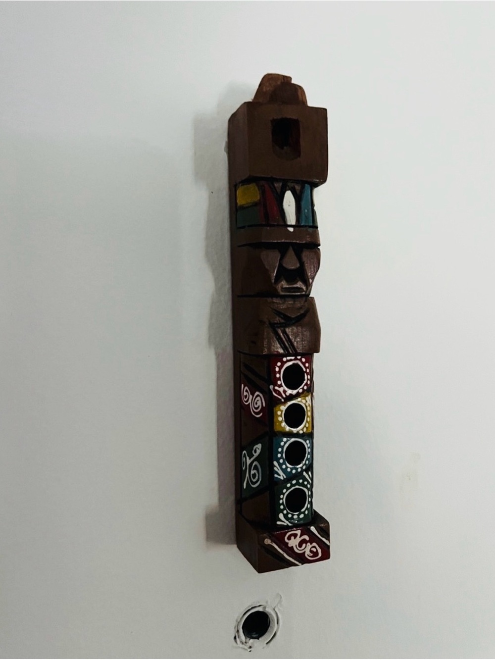 Handcrafted Peruvian Brown Wood Totem Sculpture Whistle with Multicolor Accents